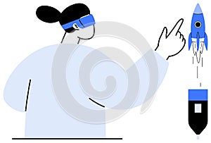 Woman Launching a Rocket with Virtual Reality Technology