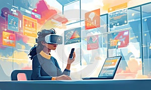 A woman using virtual reality technology while analyzing data in a modern office setting