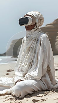 A woman using a VR headset interacts with the virtual world, located against the backdrop of a summer landscape on