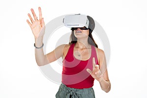 Woman using VR headset virtual reality glasses hands on airs on white background