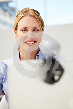 Woman using webcam