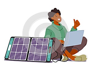 Woman Utilizing Solar Energy To Power Her Laptop. Character Working Efficiently And Sustainably In A Renewable Energy
