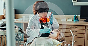 Woman, uv light and dentist for consultation, oral hygiene and treatment for mouth cleaning. Female person, assessment
