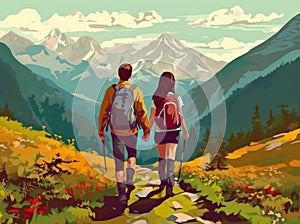 woman vacation man hike illustration adult nature balefire camping tent couple forest. Generative AI.