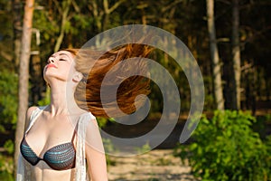 Woman at vacation rest at nature, tourism concept