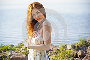 Woman at vacation rest at nature, tourism concept