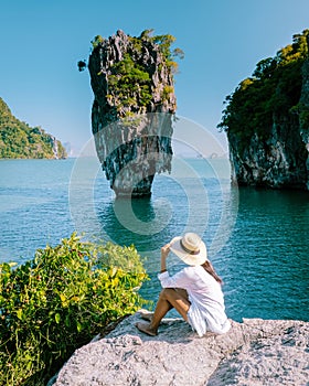 woman on vacation in Thailand, girl visit Phangnga Bay Thailand James Bond Island