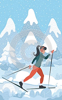 Woman on vacation. A young girl goes skiing in the mountains in winter