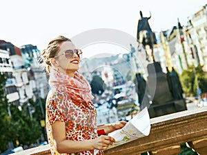 Woman on Vaclavske namesti in Prague Czech Republic sightseeing