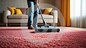 Woman with vacuum cleaner cleaning carpet in living room, closeup view