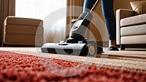 Woman with vacuum cleaner cleaning carpet in living room, closeup view