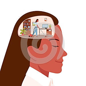 Woman with vacuum cleaner cleaning room inside female head, purification of inner space