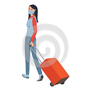 A woman with a valise in a medical mask. Travel infection protection.