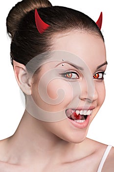 Woman with vampire fangs