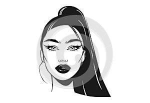 Woman Vector Illustration. Beautiful Girl with Long Black Hair and Plump Lips Portrait. Hand Drawn Female Beauty Face.