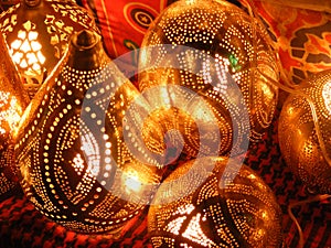 Arabic lantern golden lights in khan el khalili souq market photo