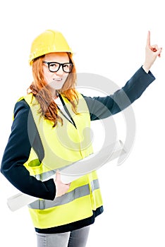 woman in vest and yellow helmet on white background