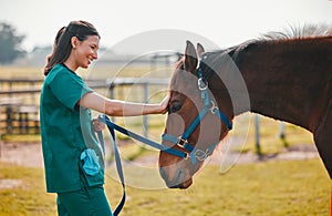 Woman veterinary, horse and medical care outdoor for health and wellness in the countryside. Happy doctor, professional