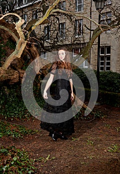 Woman in Victorian dress in the park