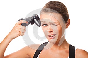 Woman with videogame controller