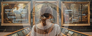 Woman viewing classical artwork with modern HUD