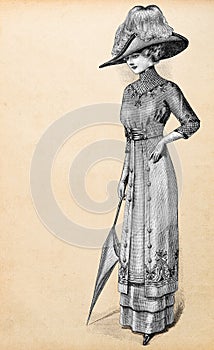 Woman vintage elegant dress hat. Antique fashion engraving