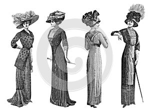 Woman in vintage elegant dress and hat. Fashion engraving Paris