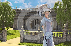 Woman in a Vintage Rose Dress, a classic Edwardian style outfit, walking in a park in front of a Orangery building