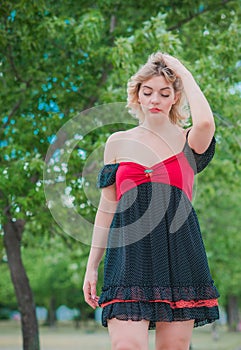 Woman in vintage style, wear fashionable dress