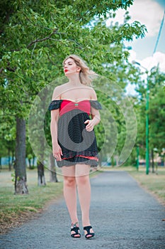 Woman in vintage style, wear fashionable dress