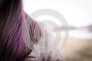 Woman violet hair closeup