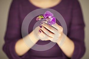 Woman in violett 50`s dress hands holding some orchid flowers