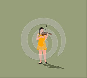 Woman violinist in yellow dress playing violin on street. Music instrument player illustration.