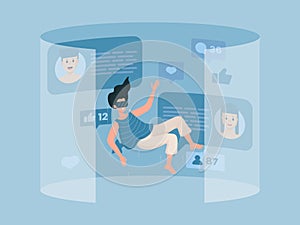 Woman in virtual glasses flying in virtual reality and having conversations in social media vector flat illustration.