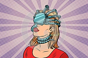 Woman in a virtual reality, dangerous parasite helmet