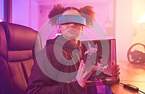 Woman, virtual reality glasses and 3d metaverse gamer for futuristic gaming in room. Person with vr tech and frame for