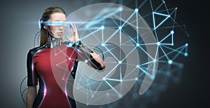 Woman in virtual reality glasses and microchip