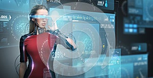 Woman in virtual reality glasses and microchip
