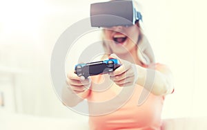 Woman in virtual reality headset with controller