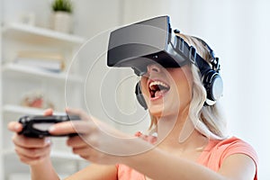 Woman in virtual reality headset with controller