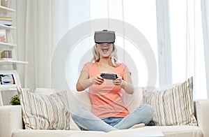 Woman in virtual reality headset with controller