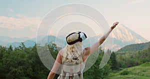 Woman, virtual reality and headset for outdoor hiking for futuristic adventure, trekking or gaming. Female person, hand