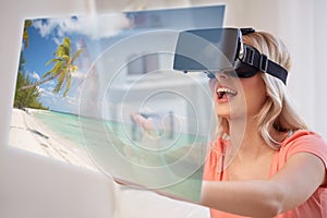 Woman with virtual reality headset over beach