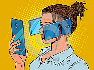 Woman in virtual reality, smartphones. dependence on electronic gadgets