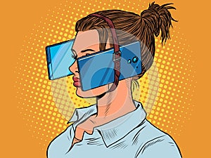 Woman in virtual reality, smartphones. dependence on electronic gadgets