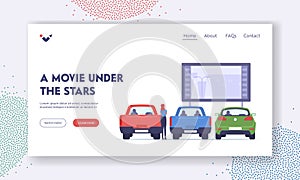 Woman Visit Car Cinema Landing Page Template. Drive-in Theater with Automobiles in Open Air Parking, Outdoor Screen