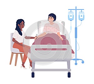 Woman visiting ill friend at hospital semi flat color vector characters