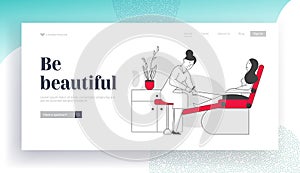 Woman Visiting Pedicure Salon for Beauty Procedure Website Landing Page. Master Polishing and Care for Nails to Client