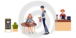 A woman Visits a Cafe, Making an Order to a waiter in a street cafe. Flat vector illustration isolated on white photo