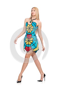 The woman in vivid strapless dress isolated on